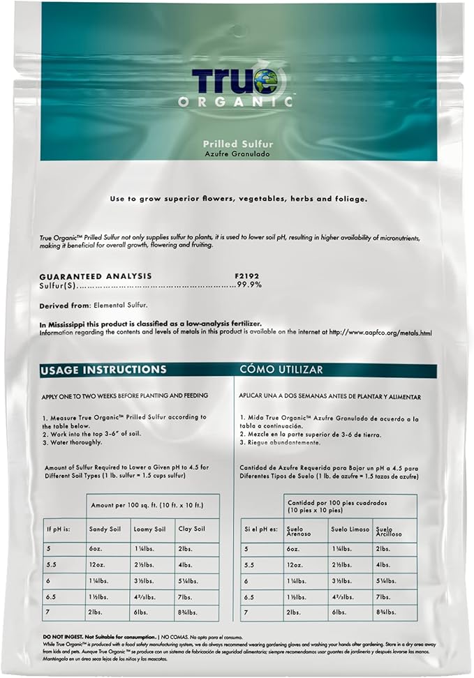 True Organic Prilled Sulfur – Organic Fertilizer for Better Plant Growth, Flowers, Vegetables, and Herbs – Lowers Soil pH – 5lb Bag Covers 1,333 Sq. Ft.