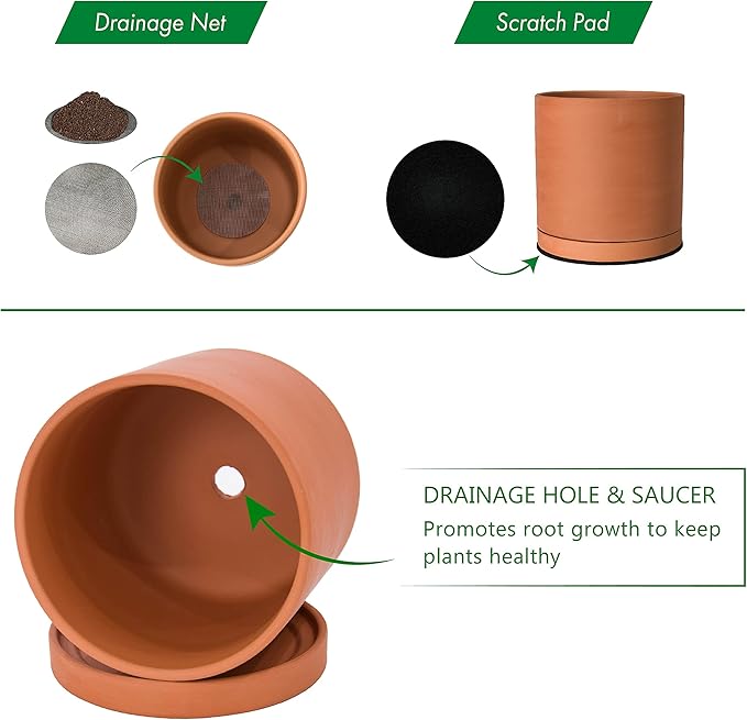 D'vine Dev Terracotta Pots for Plants, 6.5 Inch 7.8 Inch 9.6 Inch, Round Cylinder Planter Pot with Drainage and Saucer, 40-T-C-0