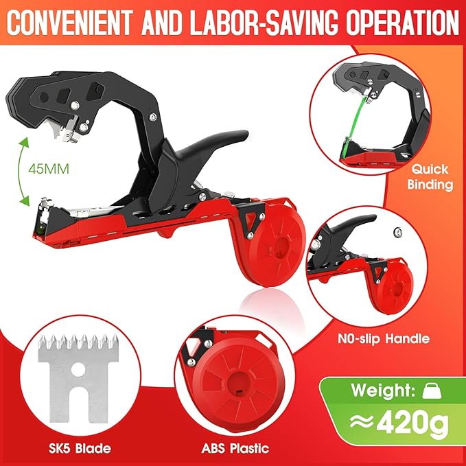 Plant Tying Machine with Green Tape, Lightweight Plant Tape Gun Tool to Tie Up Vine, Plant Tapener Tying Tool for Tomato, Grape, 10000pcs Staples 20 Rolls Tape (Red)