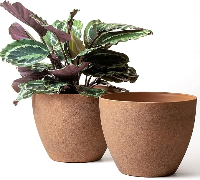 LA JOLIE MUSE Flower Pots Outdoor Garden Planters, Indoor Plant Pots with Drainage Holes, Plastic, Terracotta, Set 2 (11.3 + 11.3 Inch)