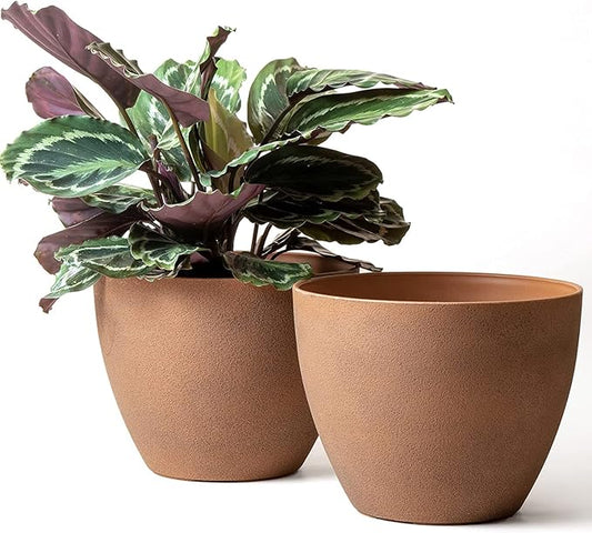 LA JOLIE MUSE Flower Pots Outdoor Garden Planters, Indoor Plant Pots with Drainage Holes, Plastic, Terracotta, Set 2 (11.3 + 11.3 Inch)