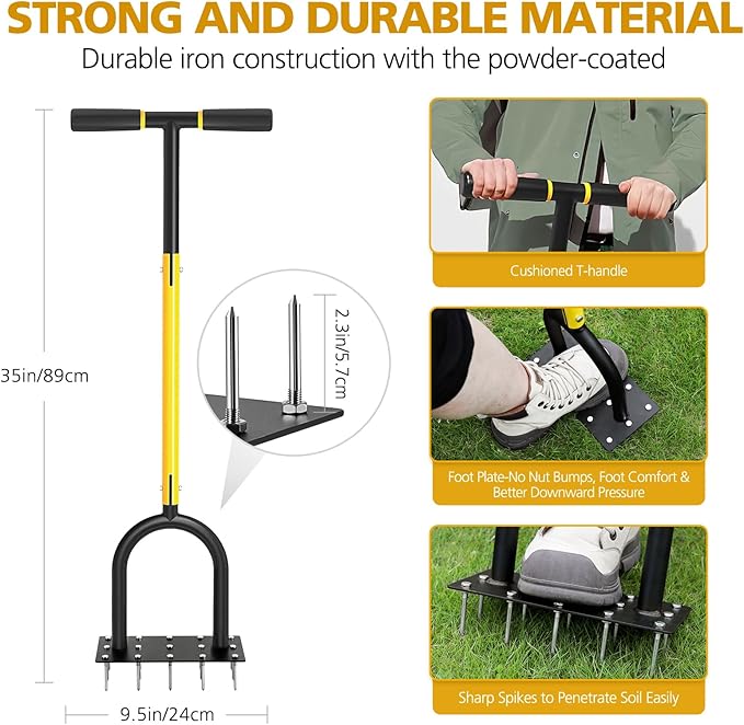 Lawn Aerator Spike Metal Manual Dethatching Soil Aerating Lawn with 15 Iron Spikes, Pre-Assembled Grass Aerator Tools for Yard, Lawn Aeration, Garden Tool, Revives Lawn Health（Black + Yellow01）