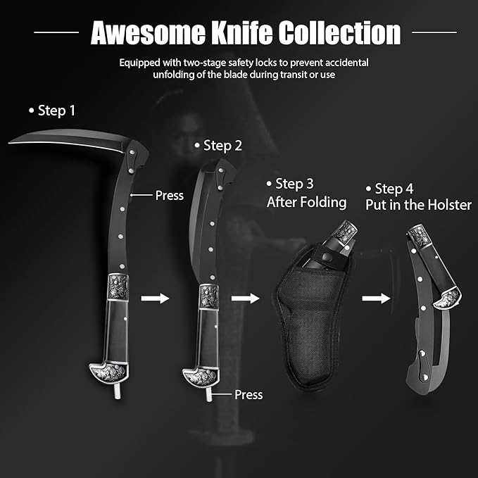 Black Sharp Folding Sickle Knife, Two Section Foldable Scythe Knife, Wooden Handle Folding Scythe Tool with Sophisticated Rose Pattern, Folding Kama Collection with Sheath