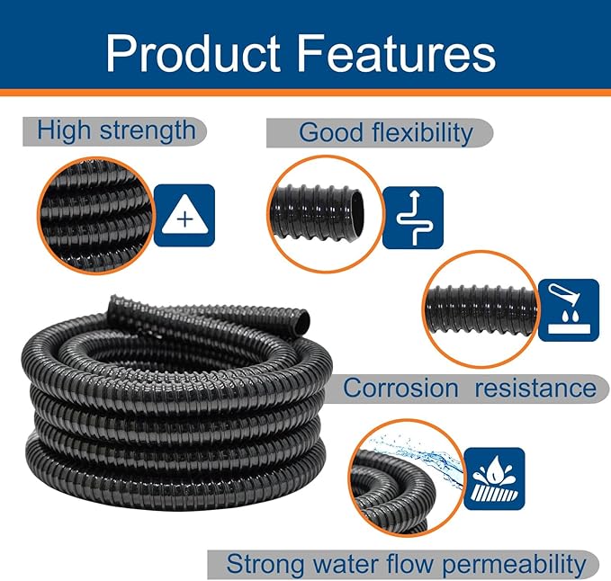1.25 Inch Pond Tubing, 1-1/4 Dia ID Corrugated Water Pipe, 20 Feet Length Flexible PVC Hose Pipe with Pipe Fittings, Aquarium, Pond Waterfall, Garden Pond Pump Drainage Tube Black