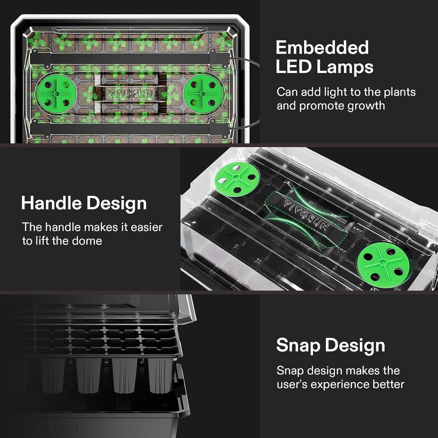 VIVOSUN 1-Pack 40-Cell Seed Starter Trays with 1 Set of LED Lights and 10"x20.75" Seedling Heat Mat, 3.6" Higher Cover, Adjustable Vents, Drainage Holes, Green Propagation Tray for Planting Seeds