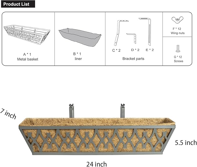 2 Pack 24 Inch Window Boxes Planters Railing Planter Box with Adjustable Brackets for Porch Fence Patio Balcony Hanging Flower Baskets with Coco Liners for Outdoor Garden Decor - Grey