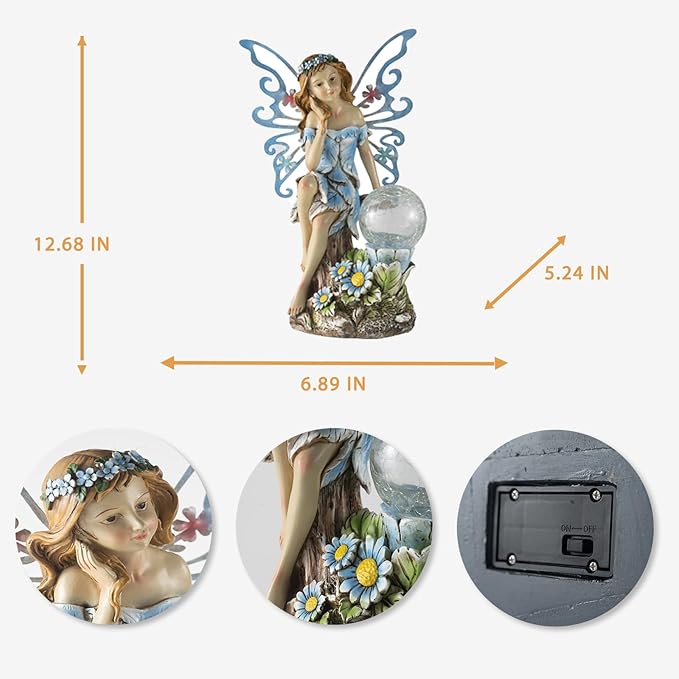 Garden Fairy Decor,Solar Outdoor Statues, Fairy Garden Accessories, Fairy Figurine for Outside Gifts,Resin Ornaments for Patio Yard Lawn,Size6.89 x 5.24x 12.68 inches