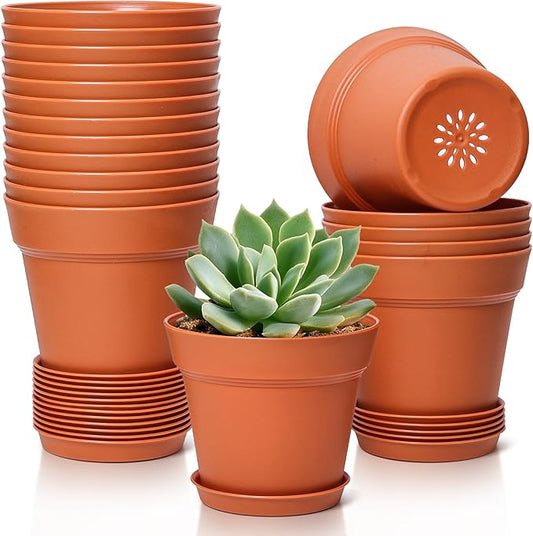 T4U 4 Inch Plant Pots 18-Pack - Small Plastic Planter with Drainage Hole and Saucer, Decorative Nursery Flower Pot Bulk for African Violet, Snake Plant, Succulent and All House Plants