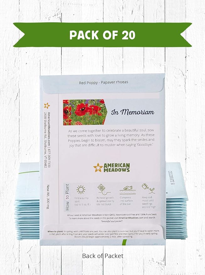 American Meadows Wildflower Seed Packets Celebrate a Beautiful Soul Memorial Favors (Pack of 20) - Red Poppy Seed Mix, Favors for Funerals, Wakes, Viewings, Visitations, Memorial Services