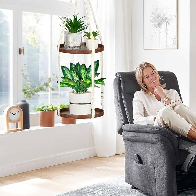 2 Tier Macrame Plant Hanger | Plant Hanger Indoor, Hanging Planter | Hanging Planter Shelf (Beige) (Large, 12" Shelf)