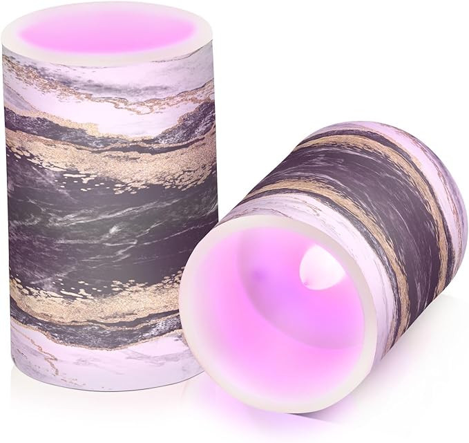Flickering Flameless Candles, Black White Marble Gold Veins LED Candles with Remote Timer, Set of 2 Battery Operated Candle for Valentine Wedding Birthday