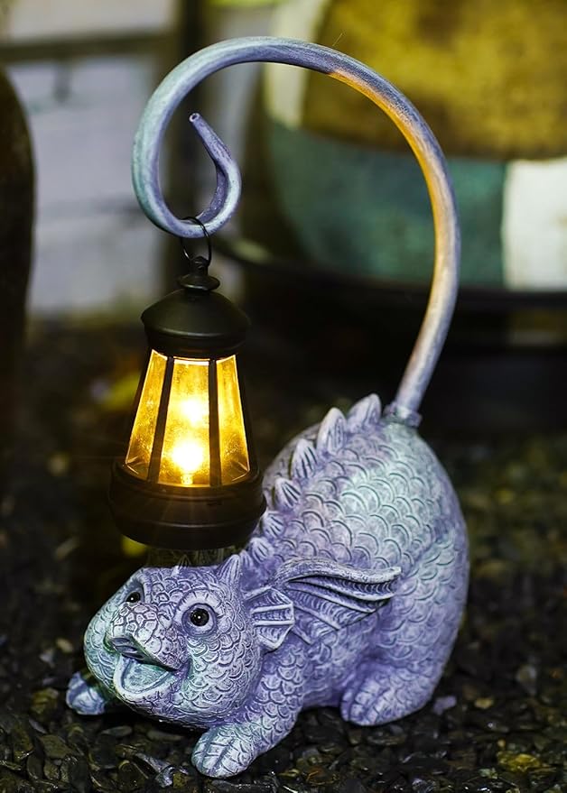 Baby Dragon Statue with Solar Lantern - Dragon Garden Decor and Housewarming Gifts for Mom, Women - Outdoor Dragon Gifts for Yard