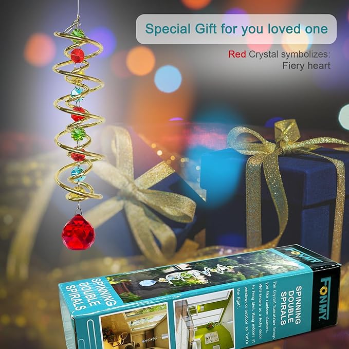 FONMY Gazing Ball Spiral Tail -Decorative Wind Spinner Sun Catcher Rainbow Maker Golden Double-Spiral W/Red Crystal Ball and Chain Crystals Beads for Indoor Outdoor Garden Decoration -14 inch Height