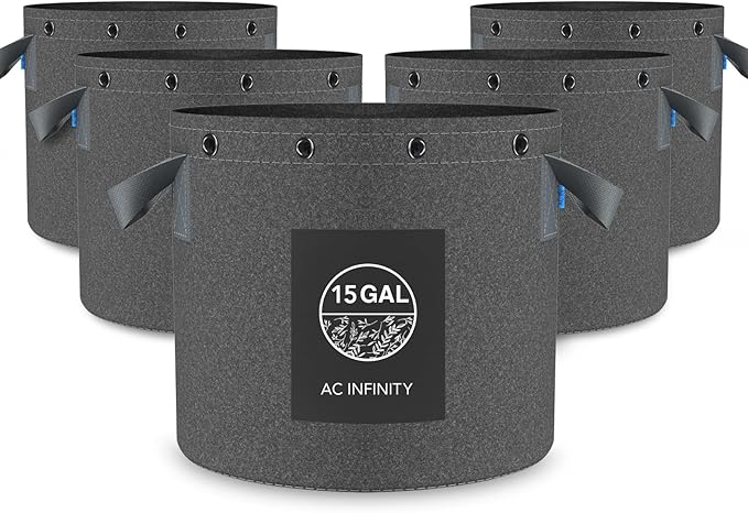 AC Infinity Heavy Duty Fabric Pots, 15 Gallon Aeration Reusable Grow Bags 5-Pack with 500G Thick Nonwoven Fabric and Multi-Purpose Rings, for Plant Hanging and Low Stress Training