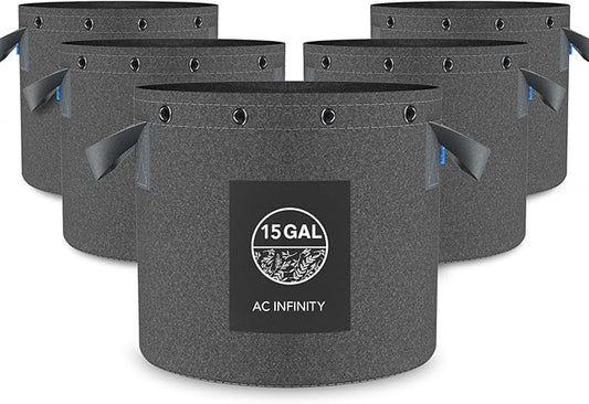 AC Infinity Heavy Duty Fabric Pots, 15 Gallon Aeration Reusable Grow Bags 5-Pack with 500G Thick Nonwoven Fabric and Multi-Purpose Rings, for Plant Hanging and Low Stress Training