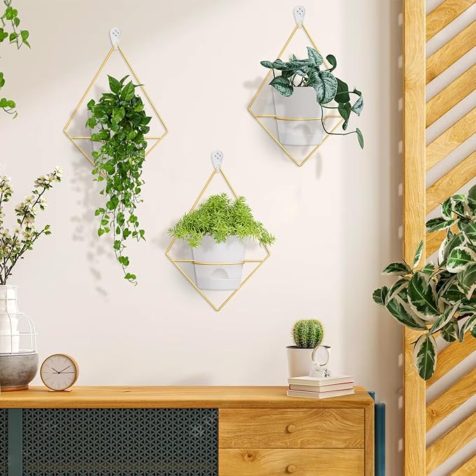 3 Sets of Wall Planters for Indoor Plants, Hanging Wall Planter with Gold Metal Holder, Geometric Self Watering Wall Flower Pots, Wall Mounted Succulent Planter, 5" White Plant Pot