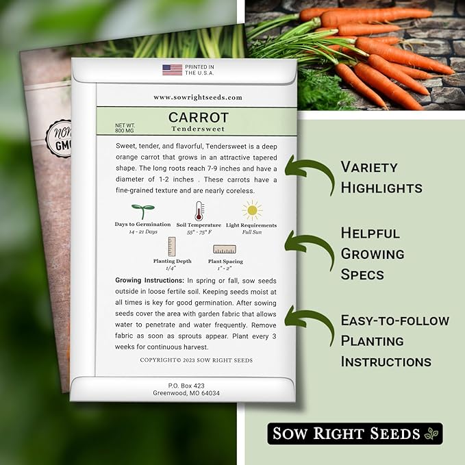 Sow Right Seeds - Tendersweet Carrot Seeds for Planting - Non-GMO Heirloom Packet with Instructions to Plant & Grow an Outdoor Home Vegetable Garden - Coreless Market Variety - Makes a Great Gift (1)