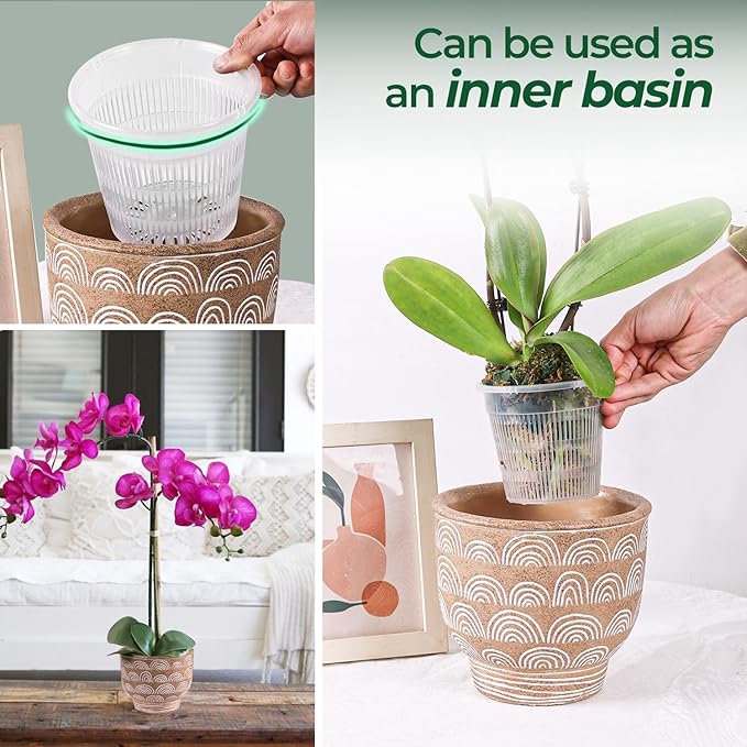 T4U Orchid Pot, 6 Pack 6.3 Inch Orchid Pots with Holes and Saucers, Clear Orchid Pots for Repotting, Plastic Flower Plant Pot for Indoor Outdoor Plants, Slotted Orchids Planter for Root Health