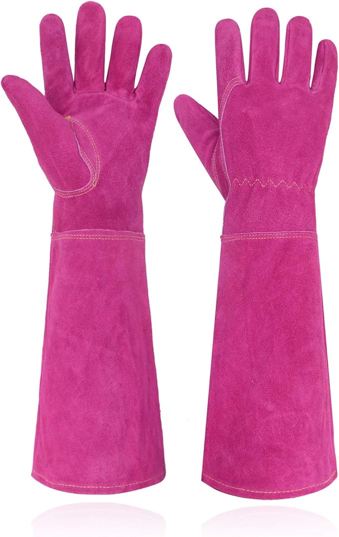 HANDLANDY Ladies Thorn Proof Gardening Gloves, Long Gauntlet Heavy Duty Garden Gloves, Elbow Length Women Leather Rose Pruning Gloves (Large, Rosy)