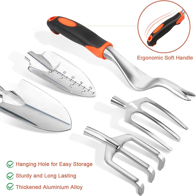 Garden Tools Set, 8 Piece Gardening Tools Set with Non Slip Ergonomic Handle, Heavy Duty Garden Tool Set with Storage Bag, Gardening Kit for Women, Gardening Hand Tools Gift for Women and Men, Orange