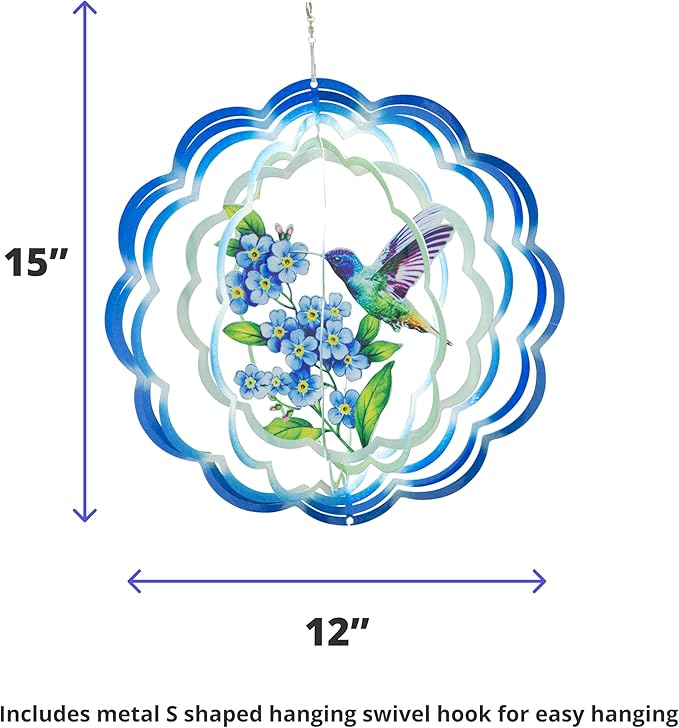 VP Home Floral Hummingbird Wind Spinner - Metal Outdoor Wind Spinners for Yard and Garden Decor - 3D Kinetic Yard Art Hummingbird Sculpture - Vibrant, Weather-Resistant Design - 12 x 15 Inches