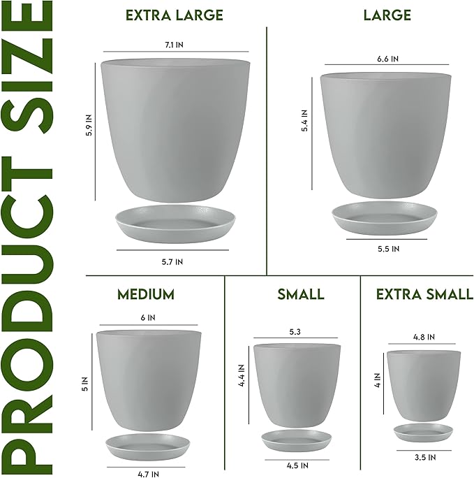 Utopia Home - Plant Pots Indoor with Drainage - 7/6.6/6/5.3/4.8 Inches Home Decor Flower Pots for Indoor Planter - Pack of 10 Plastic Planters for Indoor Plants, Cactus, Succulents Pot - Gray