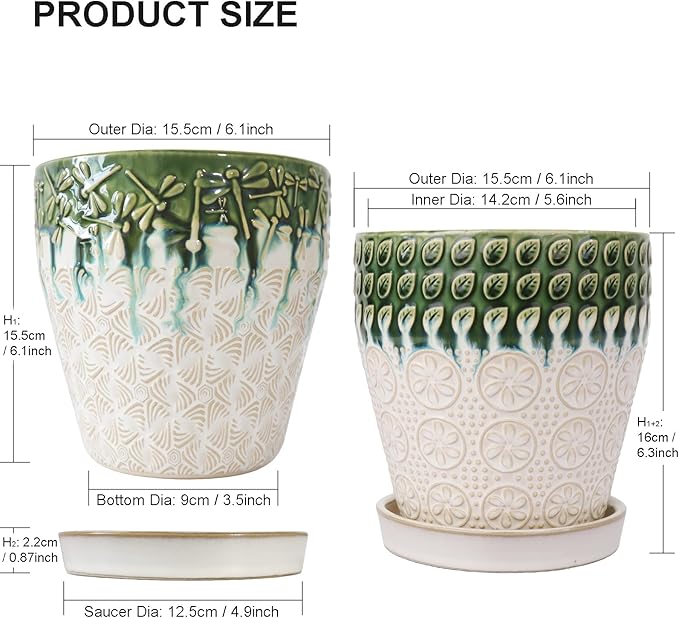 6 Inch Ceramic Planter Pots with Drainage Holes, Saucers and Mesh Pads for Indoor-Outdoor Plants, Succulent Orchid Flower Large Round Plant Pot, Set of 2 (Green+White)