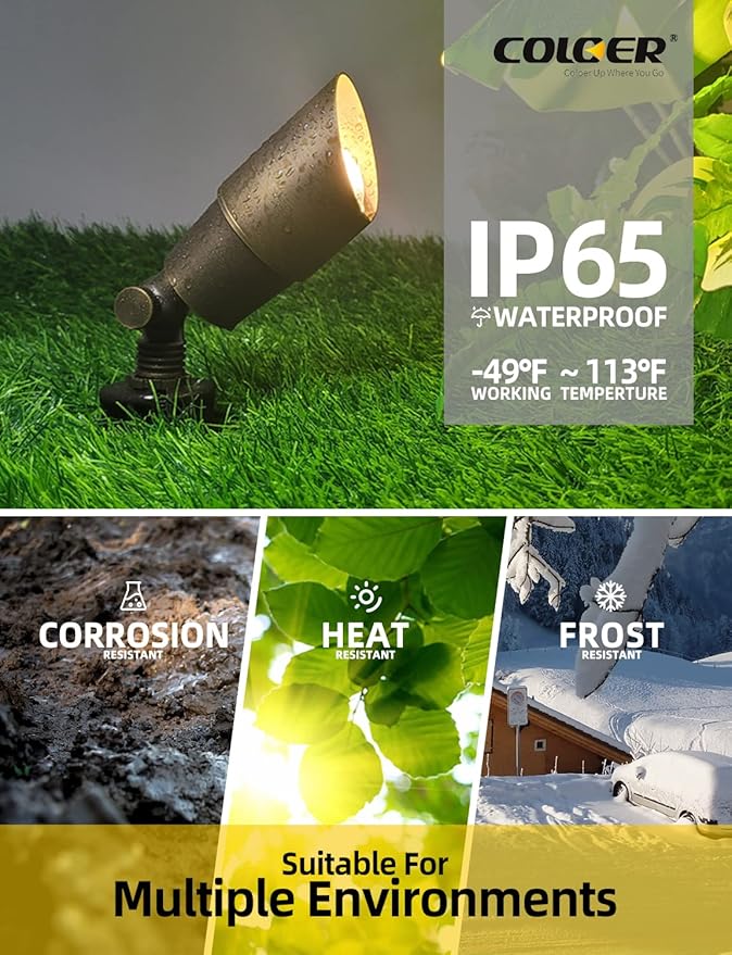 COLOER Die-cast Brass Landscape Spotlights Outdoor, 12V AC/DC Low Voltage LED Garden Landscape Lighting, IP65 Waterproof Outdoor Uplighting (101B,Bronze,12-Pack Without Bulb)
