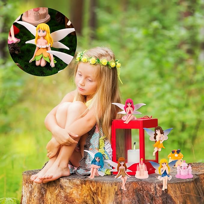 Miniature Fairy Garden Accessories, Fairy Figurine Set, Flower Pot,Garden Wands, Home Decoration, Birthday Cake Topper, 6 Pieces, Children's Outdoor Statues