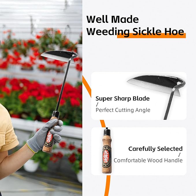 Japanese Weeding Sickle Hoe, Sickle Garden Tool Hand Grass Sickle, Weeding Tool for Gardening with High Carbon Sharp Steel Blade Edge for Cutting Grass,Digging Quick Work (Hoe Sickle)