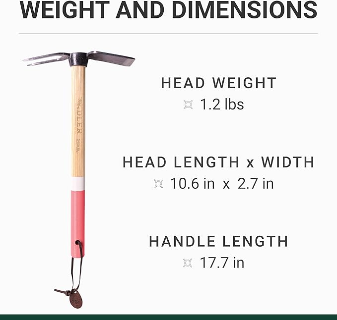 Adler - The Lily Garden Hoe, Heavy Duty Yard Tool Lawn Care, Loosening Soil, Weeding, and Digging, Steel Head 10.6 inches, Wood Handle 17.7 inches (Green)