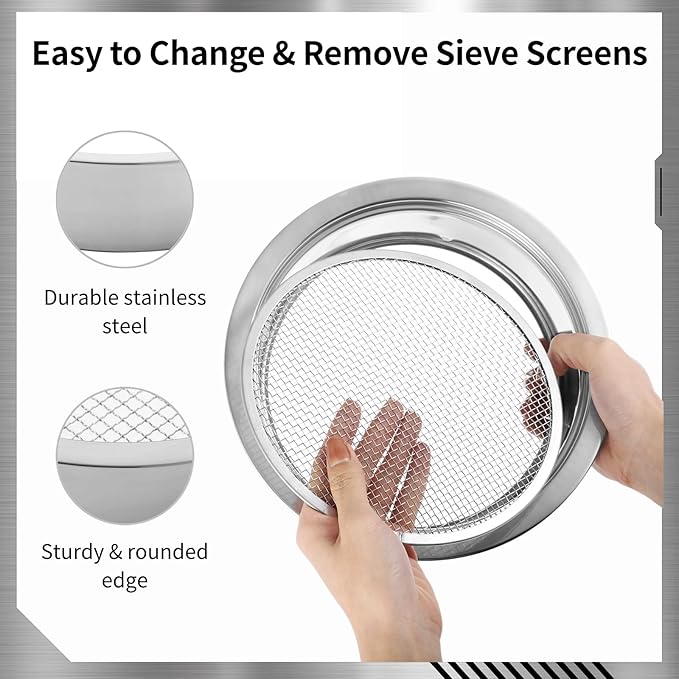 Soil Sifter Stainless Steel Riddle Sieve Set for Gardening with 5 Sizes 8" Diameter 1/3/6/9/12mm Interchangeable Meshes - Garden Potting Sieves with Shovel - Planting Soil Sifters Strains