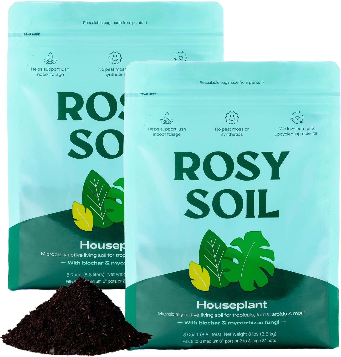 Rosy Soil Indoor Potting Soil for House Plants, 2 x 8 qrt - Organic Potting Soil Mix for Indoor Plants -Enriched w/Root-Boosting Biochar for Foliage Plants, Flowers, Herbs - Pack of 2