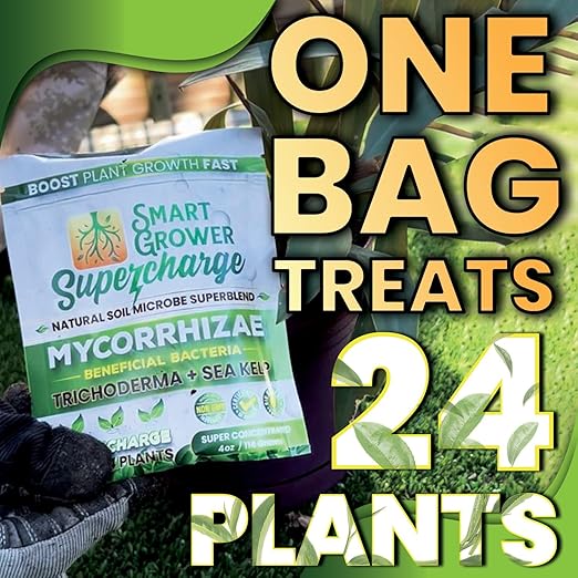 Mycorrhizal Fungi with Beneficial Bacteria, Trichoderma, Sea Kelp, Molasses, Yucca, Smart Grower Supercharge Plant Root Enhancer 4oz Super Concentrate Powder Makes 50 Gallons