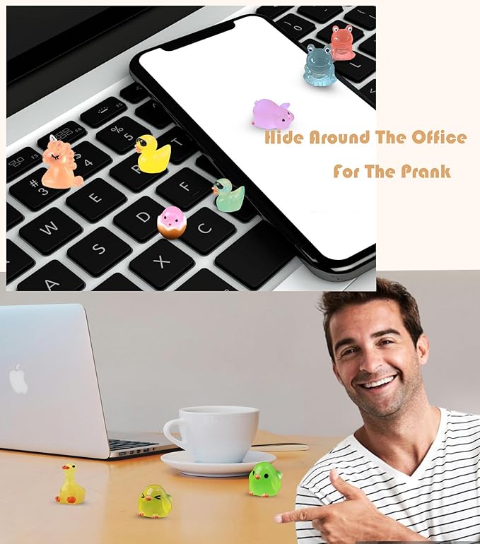 Luminous Mini Resin Animals 50 Pcs Tiny Animals to Hide Around The Office Home Mini Ducks Tiny Frogs Small Birds Glow in The Dark for Crafts Fairy Garden Accessories