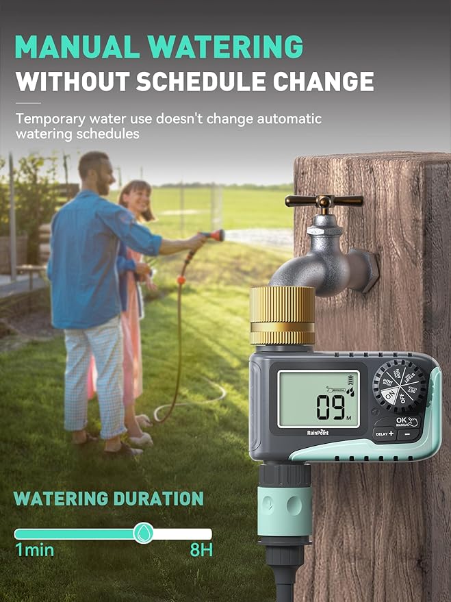 RAINPOINT Sprinkler Timer with Brass Swivel, Water Timer for Garden Hose, Programmable Hose Timer with Rain Delay/Manual Watering, Digital Irrigation Timer System for Lawns, 1 Outlet