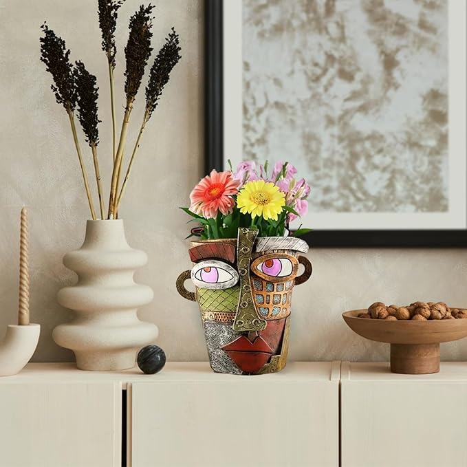 TOZLU Picasso Brutalist Abstract Beauty Face Flower Pot Ornaments Abstract Face Flower Pots Abstract Head Planter Pots Container Colorful Face Art Abstract Resin Flower Pot (Retro Big)