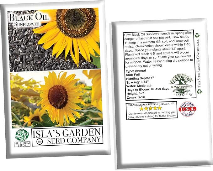 Black Oil Sunflower Flower Seeds for Planting, 150+ Flower Seeds Per Packet, (Isla's Garden Seeds), Non GMO & Heirloom Seeds, Scientific Name: Helianthus annuus, Great Flower Garden Gift