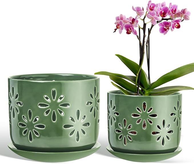 6+5 Inch Orchid Pots with Holes, Ceramic Orchid Pots, Orchid Pots for Repotting,Healthy Air Circulation Plant Pots for Plant Lovers,Planters for Indoor Plants -2 Pack
