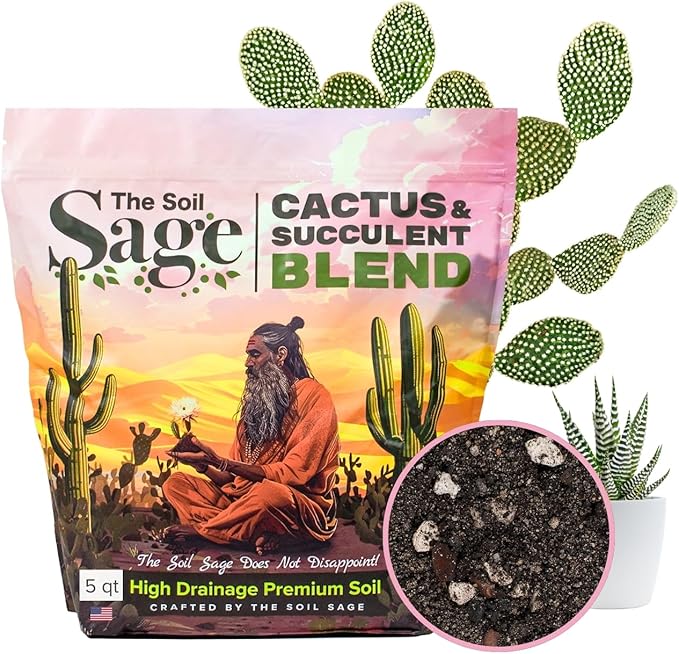 Soil Sage Cactus Soil 5Qt Premium High-Drainage Cactus & Succulent Potting Mix with Mycorrhizae Fungi - Meticulously Mixed by Hand, Ready to Use - Made in U.S.A.