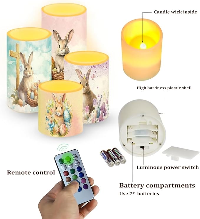 Flameless Light Candles Home Ornaments Battery Operated Candles with Color Changing Timer Remote Control Fake Pillar Candles Tealights Easter Home Decoration, Easter Bunny Colorful