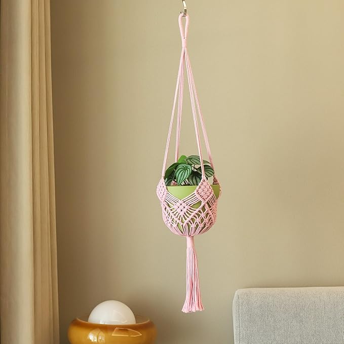 Hanging Planter with Patterns,2Packs Macrame Plant Hangers Indoor Macrame for up to 8 inch Pot Crochet Boho Plant Hanger Holder for Indoor Outdoor with 2S Shaped Stainless Steel Hooks (Pearl Pink)
