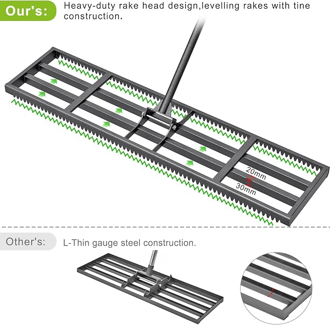 Lawn Leveling Rake with Rounded Edges, 42 x 10'' Leveling Rake with Tines for Soil, Heavy Duty Lawn Leveler with 7FT Handle, Ground Level Tool for Farm, Garden, Backyard