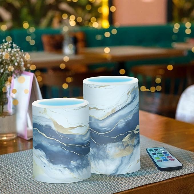 Flickering Flameless Candles, Drak Blue Golden Marble LED Candles with Remote Timer, Set of 2 Battery Operated Candle for Valentine Wedding Birthday