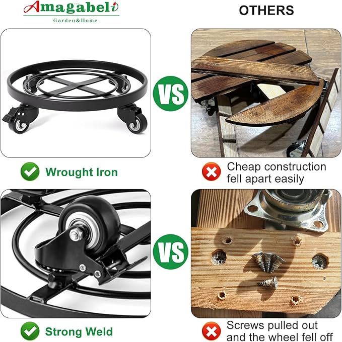 AMAGABELI GARDEN & HOME Plant Caddy with Wheels Heavy Duty 14“ 2 Pack Rolling Plant Stand Plant Dolly Iron Wheeled Lockable Casters Round Pot Mover Rollers Indoor Outdoor Planter Trolley Metal