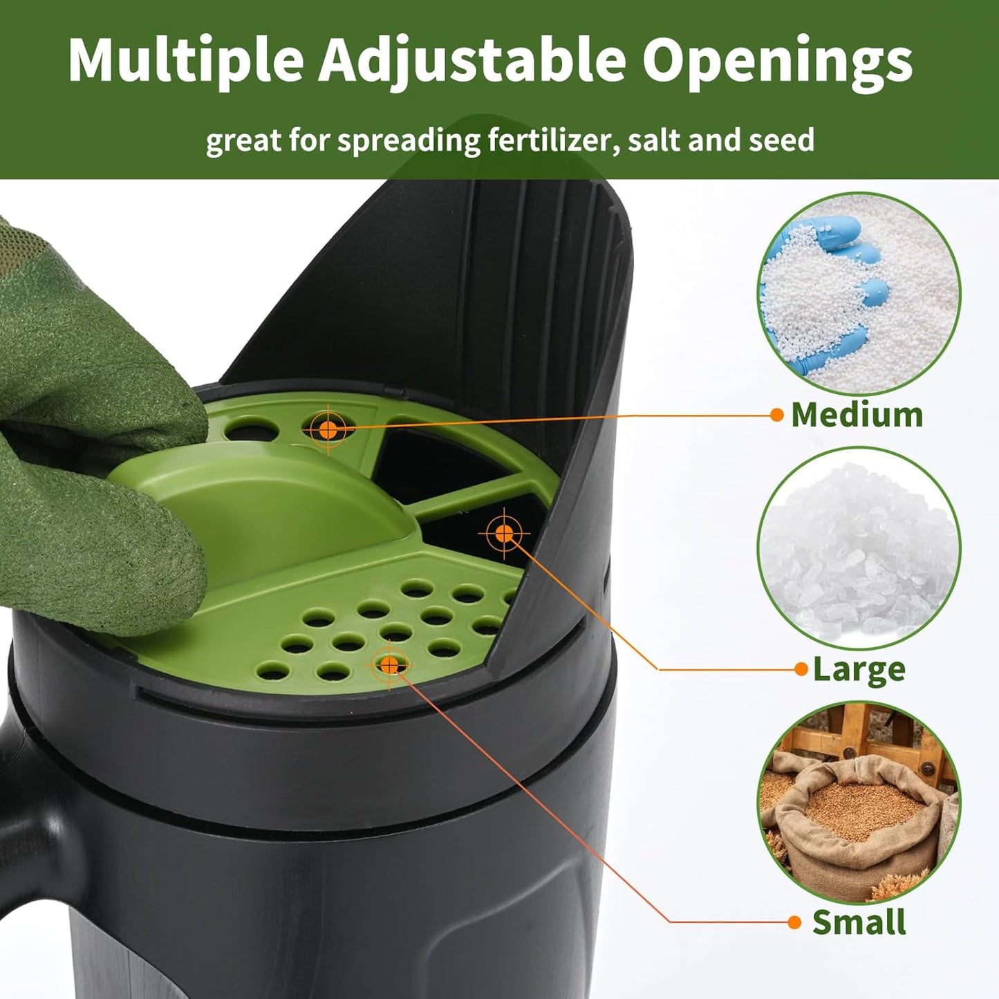Seed Spreader Hand Held, Hand Spreader Lawn and Garden for Fertilizer Grass Seed Salt Ice Melt Earth Food, Seed Shaker with Multiple Adjustable Opening Sizes for All Purpose, Up to 80 Oz