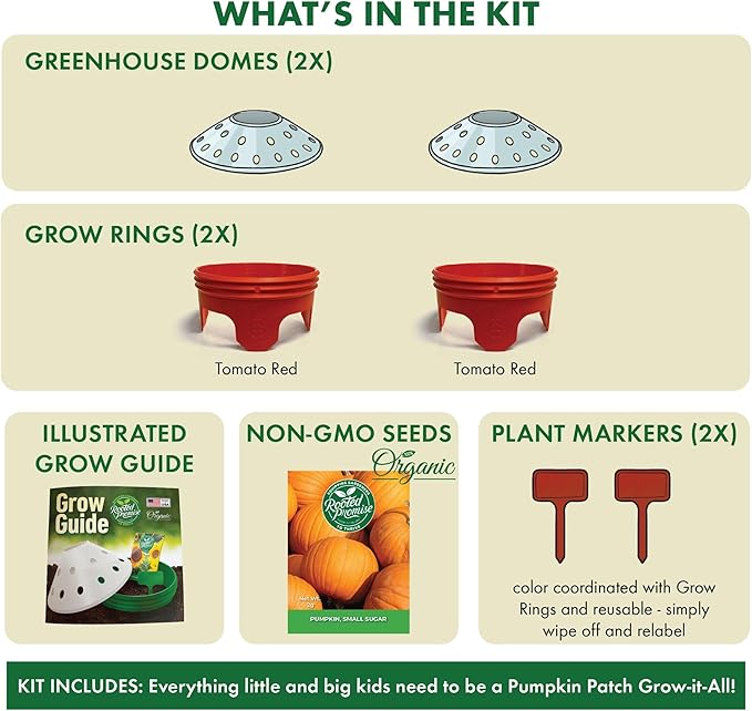 Kids Outdoor Pumpkin Garden Kit - Complete Kit for Growing Your Own Pumpkins from Seeds with Grow Rings and Greenhouse Germination Domes, Non-GMO Seeds, BPA-Free