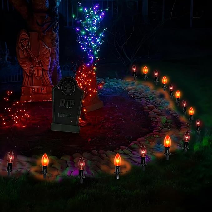C9 Halloween Pathway Lights Outdoor, 19.5Ft Marker String With Orange and Black Stakes, Walkway Lights for Lawn Yard Sidewalk Garden Decoration