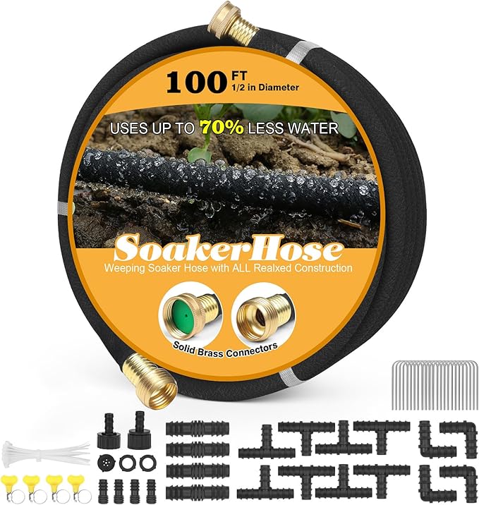 Soaker Hose 100ft for Garden Beds Solid Brass Interface Irrigation Save 70% Water Heavy Duty Rubber 1/2" Diameter Great for gardens/flower beds Accessories Contain Various Connections