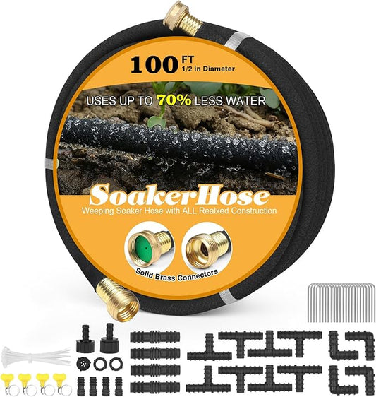 Soaker Hose 100ft for Garden Beds Solid Brass Interface Irrigation Save 70% Water Heavy Duty Rubber 1/2" Diameter Great for gardens/flower beds Accessories Contain Various Connections